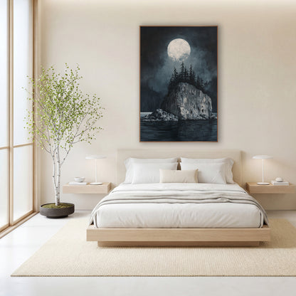 Towering Monolith Island Full Moon wall art in a calm Japandi-style room – full moon over a rocky island