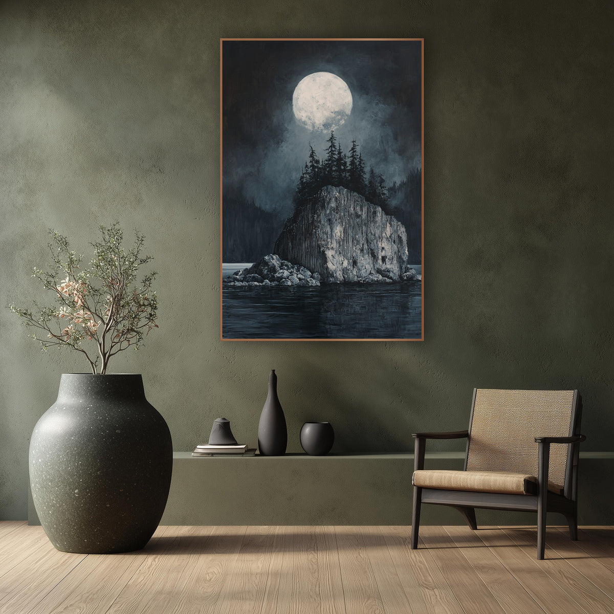 Towering Monolith Island Full Moon wall art in a calm Japandi-style room – full moon over a rocky island
