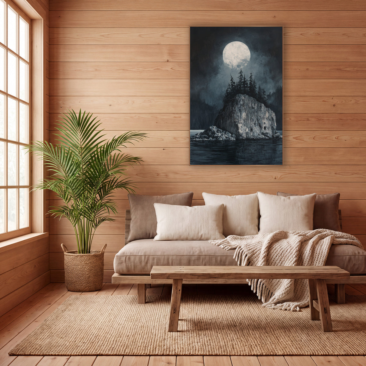 Towering Monolith Island Full Moon wall art in a calm Japandi-style room – full moon over a rocky island