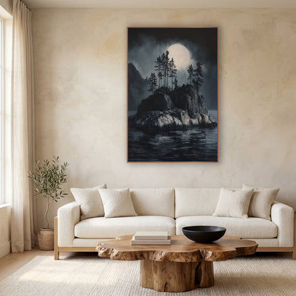 Moonlit Rocky Islet Japandi Landscape wall art in a calm Japandi-style room – rocky island with tall evergreens