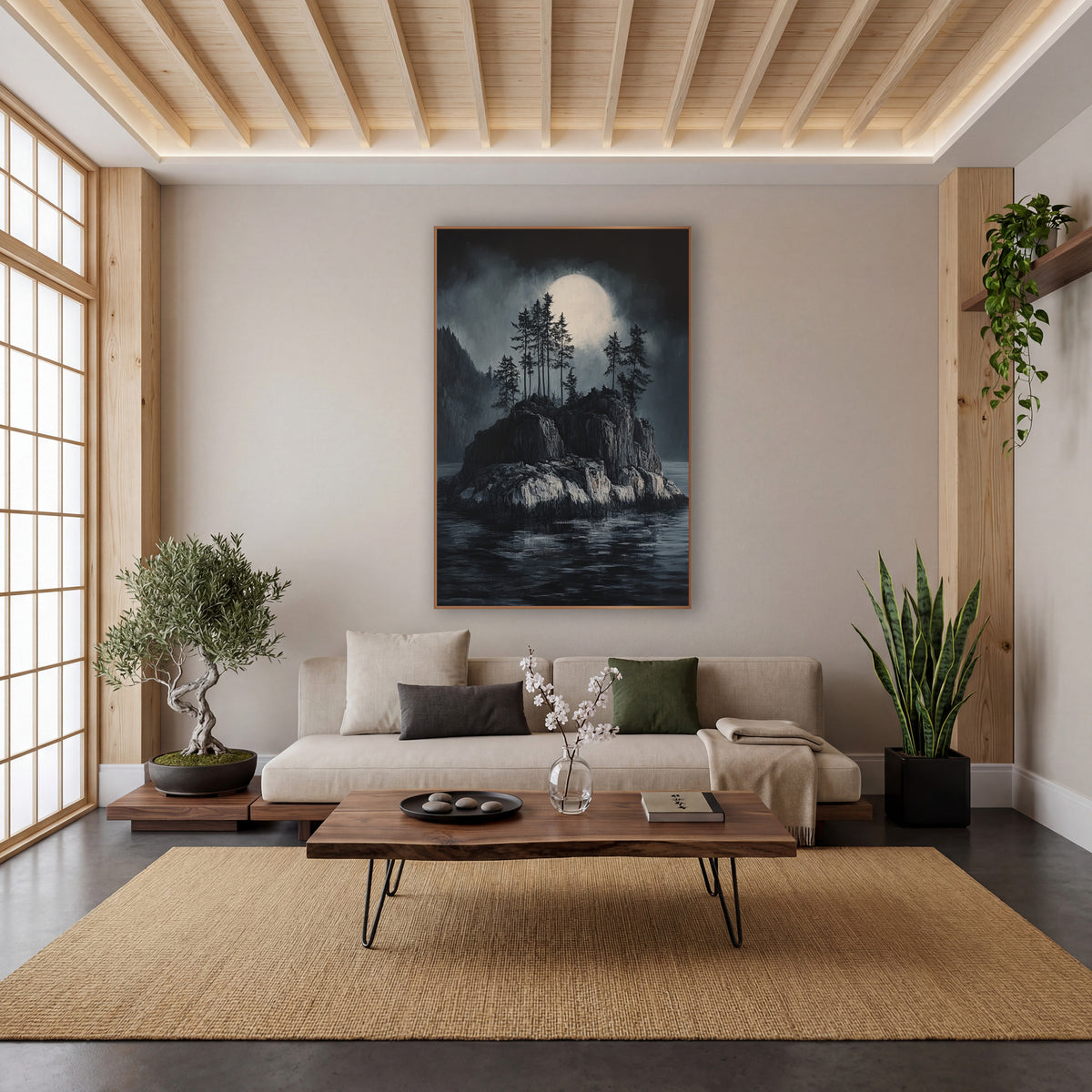 Moonlit Rocky Islet Japandi Landscape wall art in a calm Japandi-style room – rocky island with tall evergreens