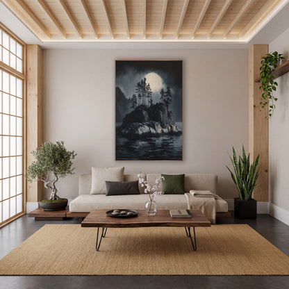 Moonlit Rocky Islet Japandi Landscape wall art in a calm Japandi-style room – rocky island with tall evergreens
