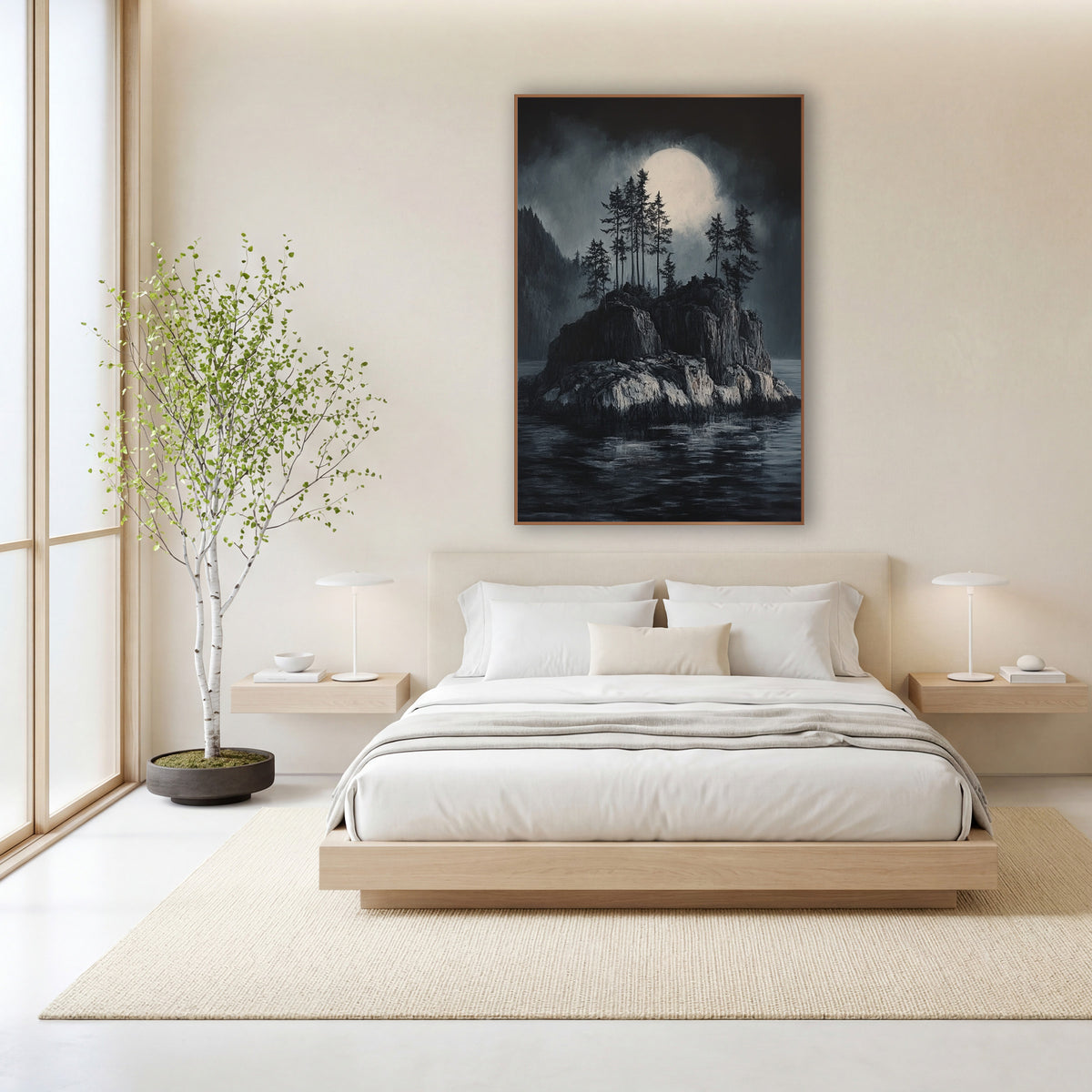 Moonlit Rocky Islet Japandi Landscape wall art in a calm Japandi-style room – rocky island with tall evergreens
