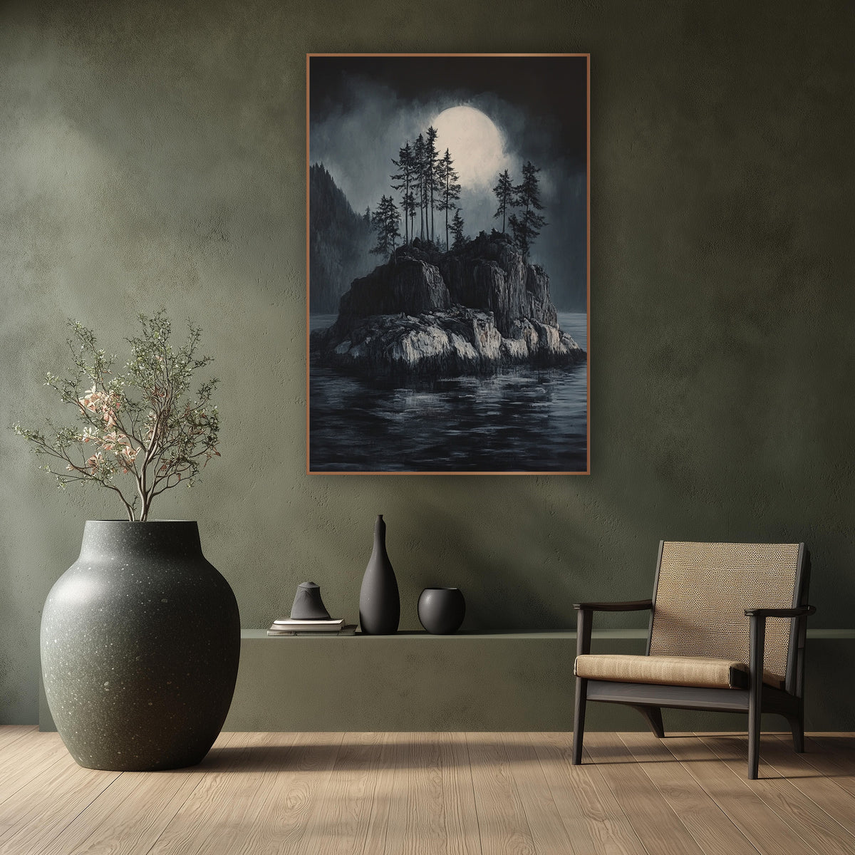 Moonlit Rocky Islet Japandi Landscape wall art in a calm Japandi-style room – rocky island with tall evergreens