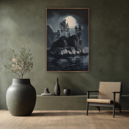Moonlit Rocky Islet Japandi Landscape wall art in a calm Japandi-style room – rocky island with tall evergreens