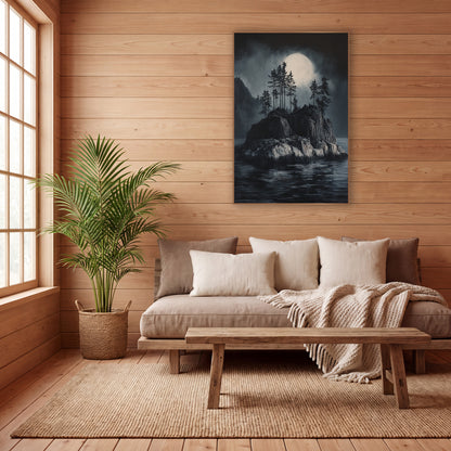 Moonlit Rocky Islet Japandi Landscape wall art in a calm Japandi-style room – rocky island with tall evergreens