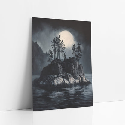 Moonlit Rocky Islet Japandi Landscape art print leaning against a white wall – rocky island with tall evergreens on dark