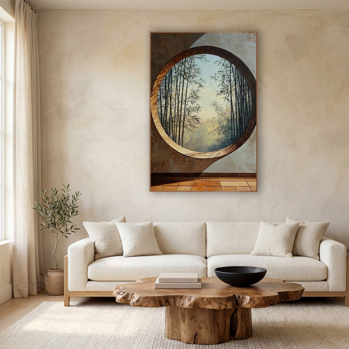 Round Moon Window Bamboo Japandi wall art in a calm Japandi-style room – round moon window in a rust-brown and gray