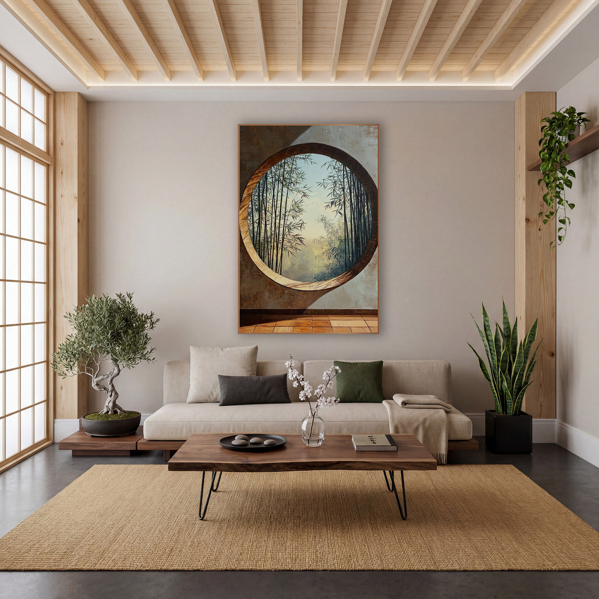Round Moon Window Bamboo Japandi wall art in a calm Japandi-style room – round moon window in a rust-brown and gray