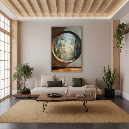 Round Moon Window Bamboo Japandi wall art in a calm Japandi-style room – round moon window in a rust-brown and gray