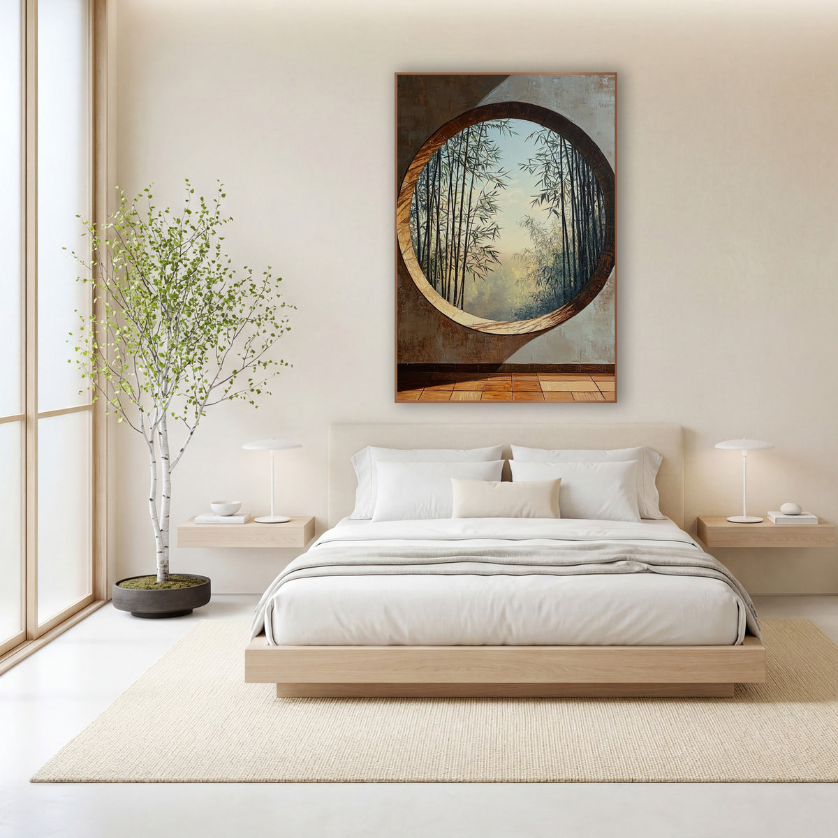 Round Moon Window Bamboo Japandi wall art in a calm Japandi-style room – round moon window in a rust-brown and gray