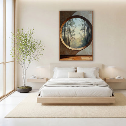 Round Moon Window Bamboo Japandi wall art in a calm Japandi-style room – round moon window in a rust-brown and gray
