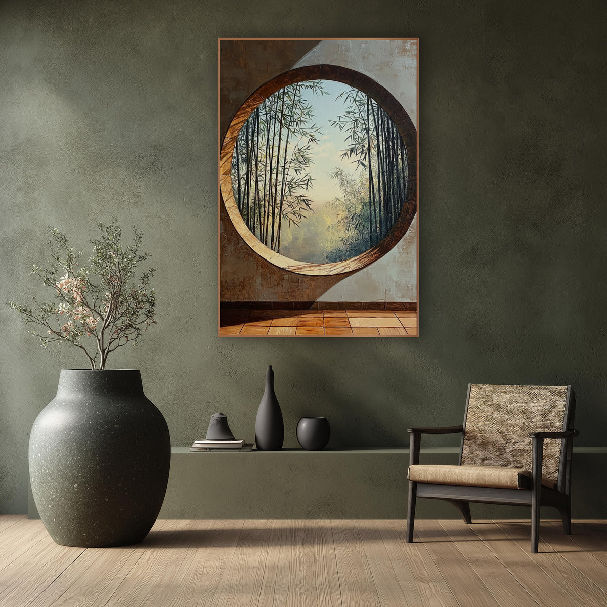 Round Moon Window Bamboo Japandi wall art in a calm Japandi-style room – round moon window in a rust-brown and gray