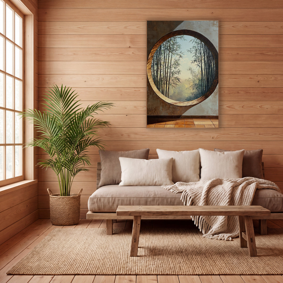 Round Moon Window Bamboo Japandi wall art in a calm Japandi-style room – round moon window in a rust-brown and gray