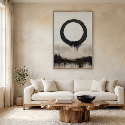Dripping Enso Cream Shoreline wall art in a calm Japandi-style room – large black brush-drawn enso circle with drips