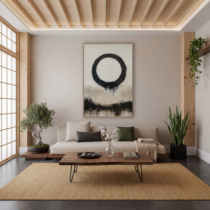 Dripping Enso Cream Shoreline wall art in a calm Japandi-style room – large black brush-drawn enso circle with drips