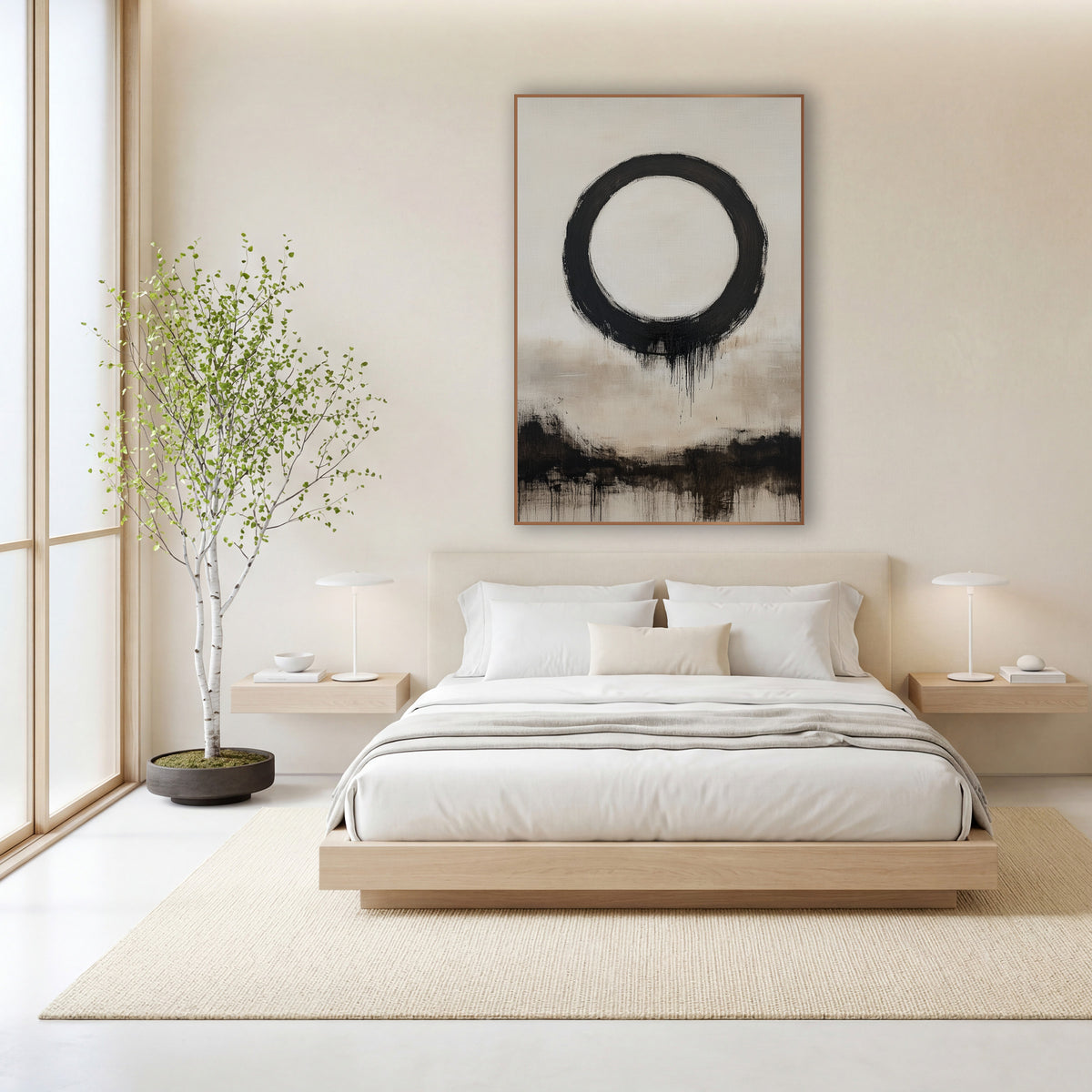 Dripping Enso Cream Shoreline wall art in a calm Japandi-style room – large black brush-drawn enso circle with drips