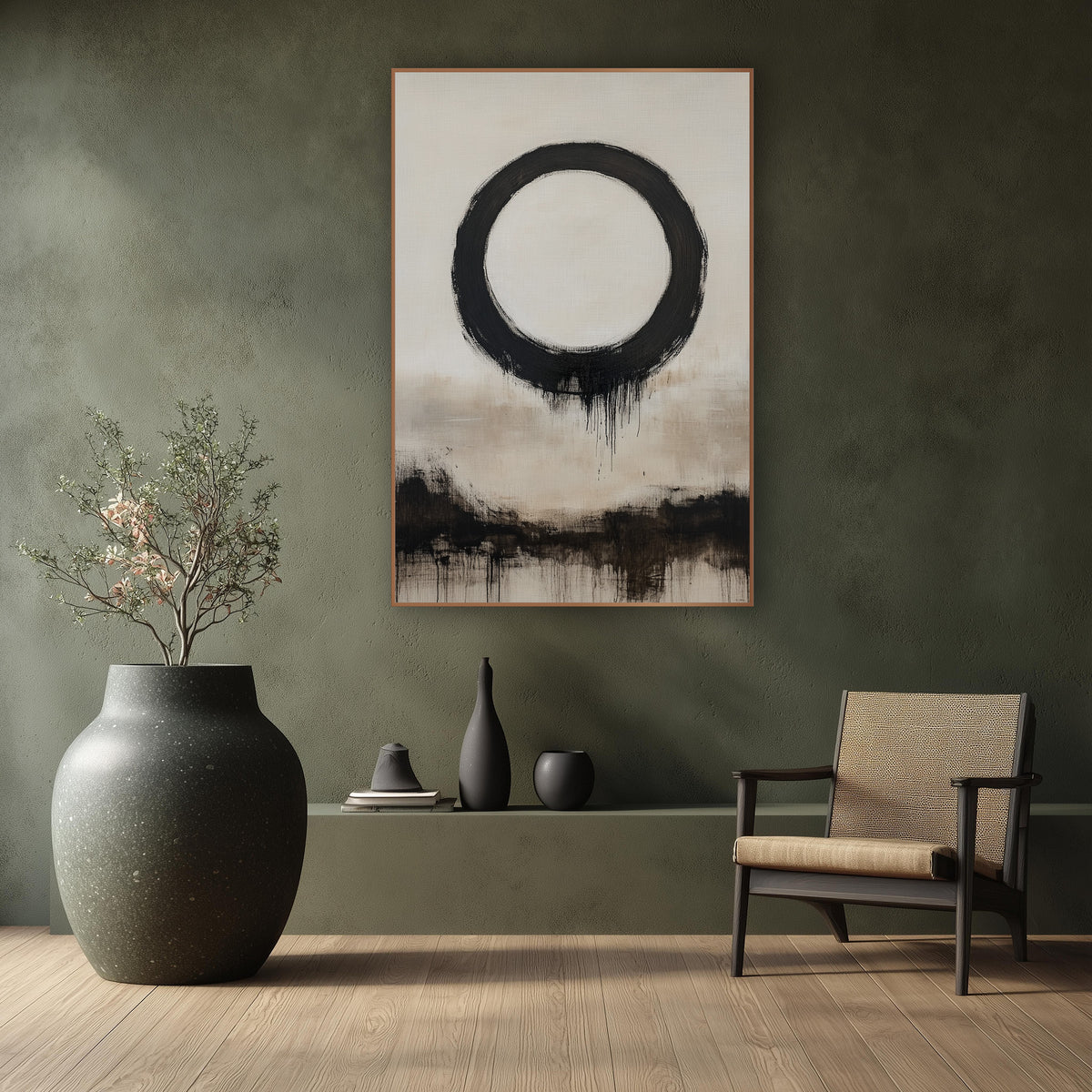 Dripping Enso Cream Shoreline wall art in a calm Japandi-style room – large black brush-drawn enso circle with drips