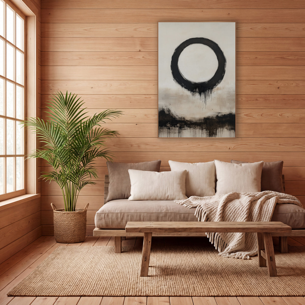 Dripping Enso Cream Shoreline wall art in a calm Japandi-style room – large black brush-drawn enso circle with drips