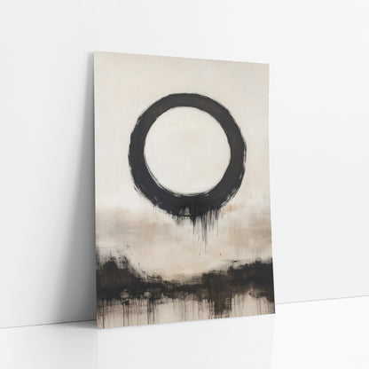 Dripping Enso Cream Shoreline art print leaning against a white wall – large black brush-drawn enso circle with drips above