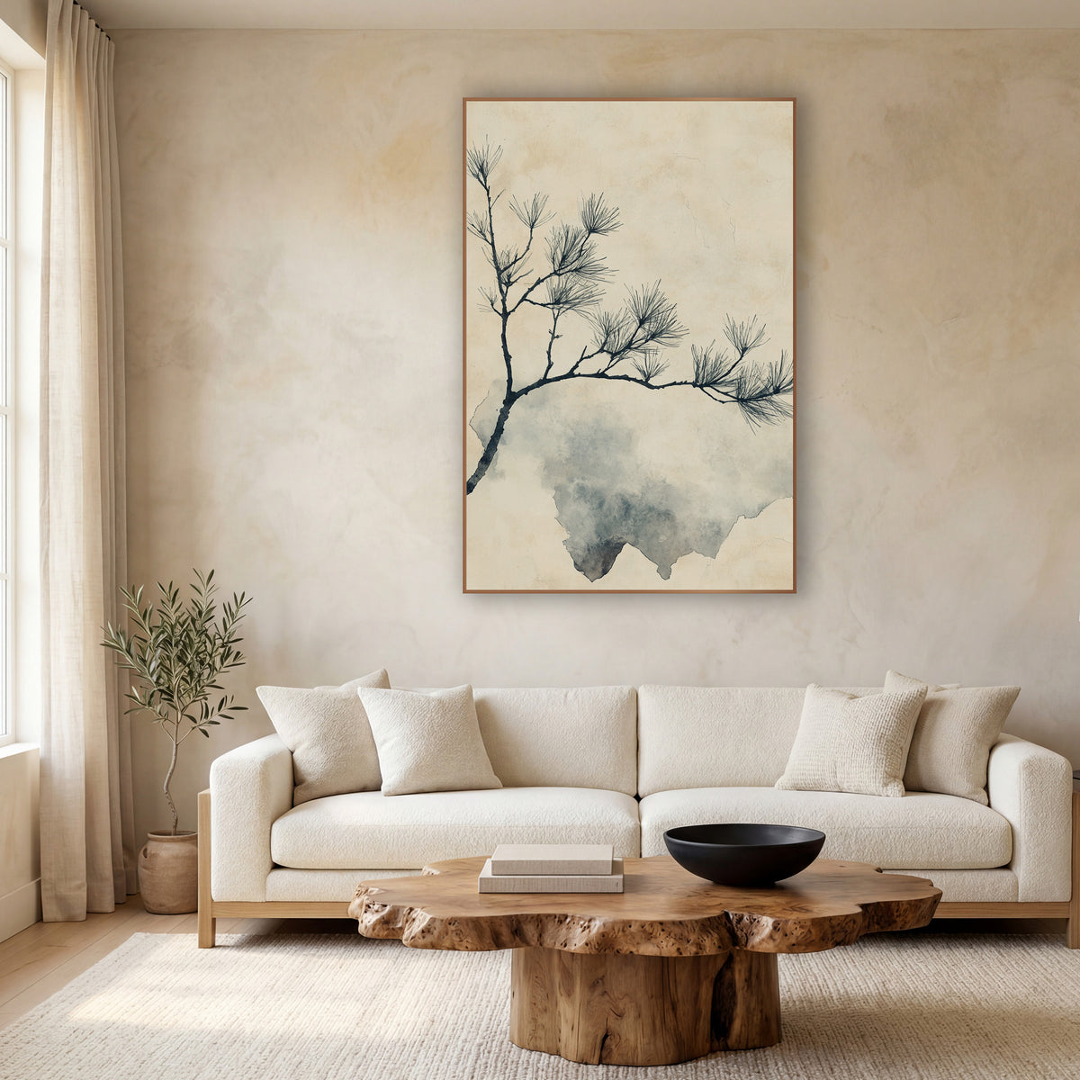 Ink Pine Bough Japandi Botanical wall art in a calm Japandi-style room – dark pine bough with sparse needle clusters