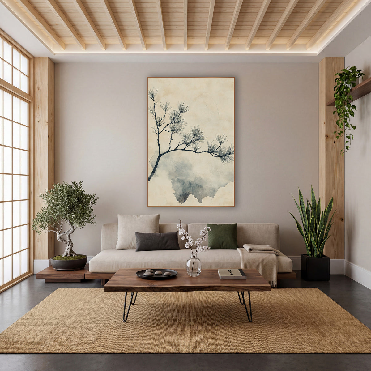 Ink Pine Bough Japandi Botanical wall art in a calm Japandi-style room – dark pine bough with sparse needle clusters