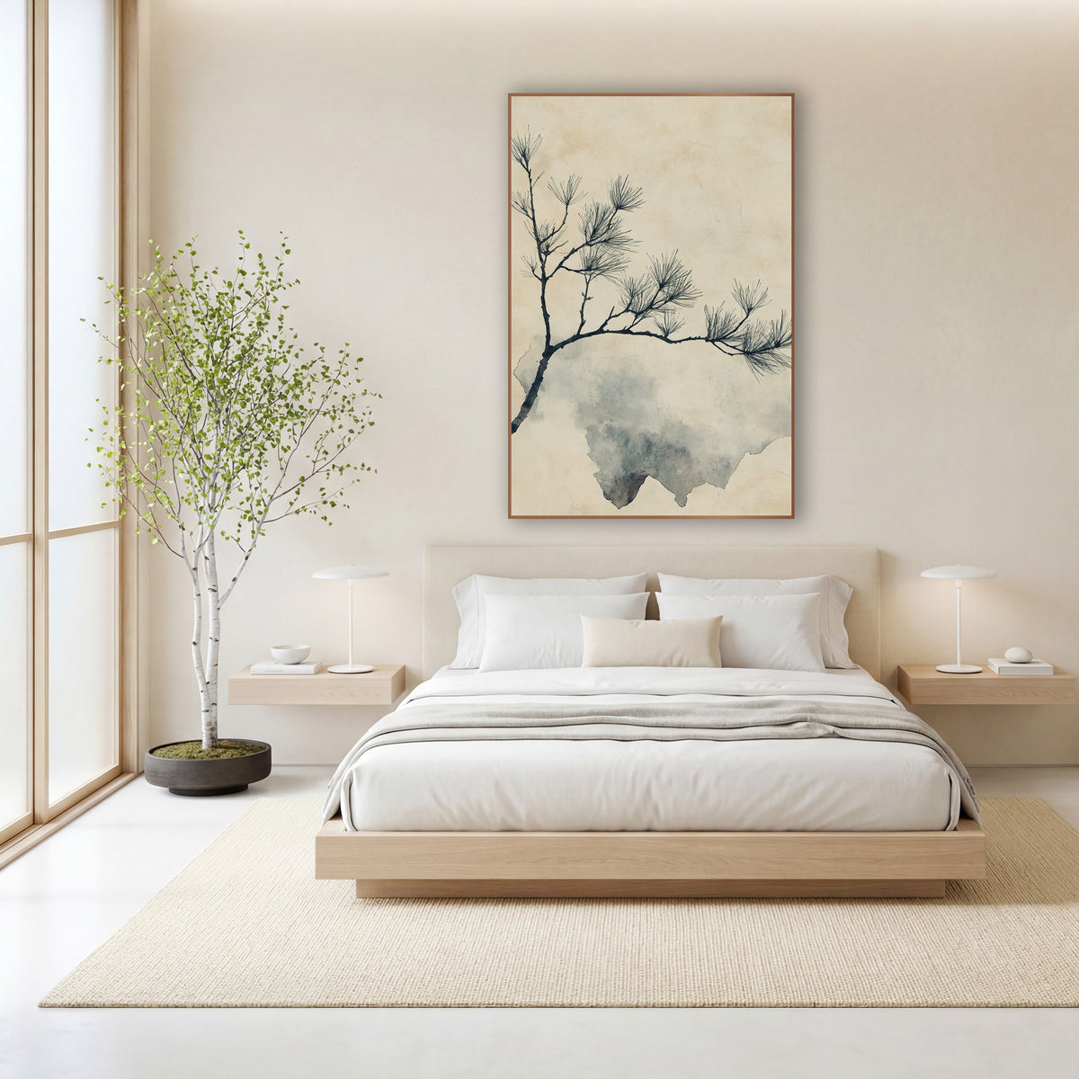 Ink Pine Bough Japandi Botanical wall art in a calm Japandi-style room – dark pine bough with sparse needle clusters