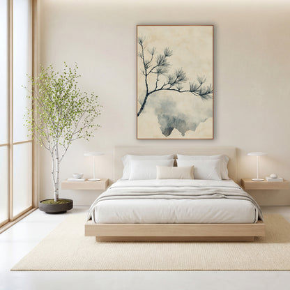 Ink Pine Bough Japandi Botanical wall art in a calm Japandi-style room – dark pine bough with sparse needle clusters