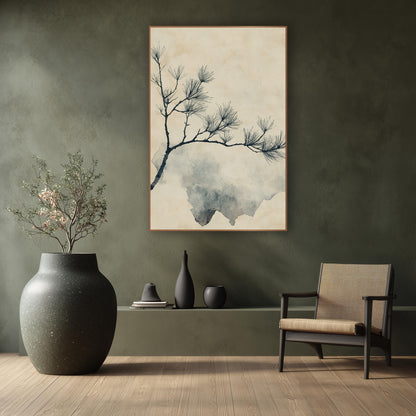 Ink Pine Bough Japandi Botanical wall art in a calm Japandi-style room – dark pine bough with sparse needle clusters