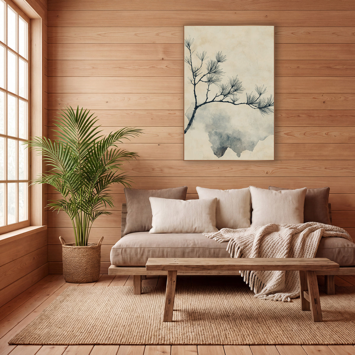 Ink Pine Bough Japandi Botanical wall art in a calm Japandi-style room – dark pine bough with sparse needle clusters