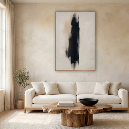 Tall Ebony Stroke Japandi Abstract wall art in a calm Japandi-style room – abstract artwork of one tall black