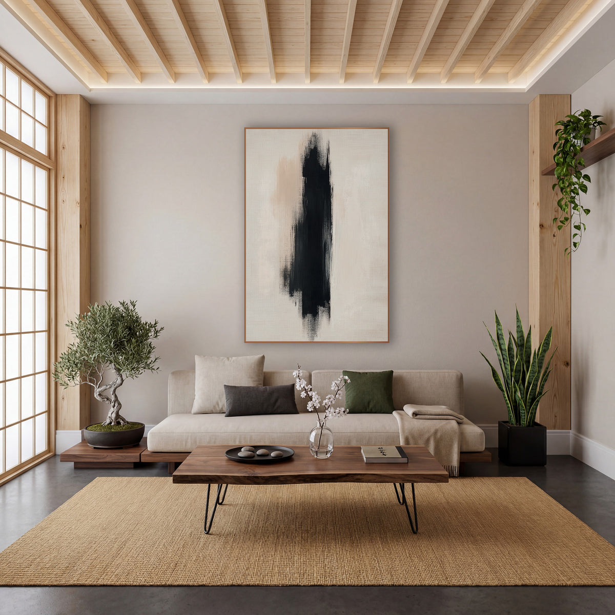 Tall Ebony Stroke Japandi Abstract wall art in a calm Japandi-style room – abstract artwork of one tall black