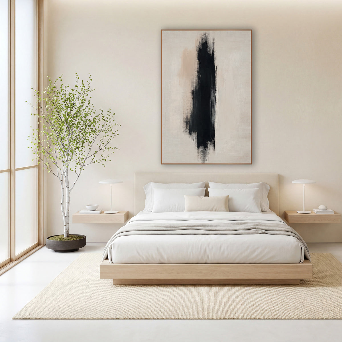 Tall Ebony Stroke Japandi Abstract wall art in a calm Japandi-style room – abstract artwork of one tall black