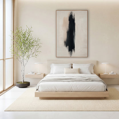 Tall Ebony Stroke Japandi Abstract wall art in a calm Japandi-style room – abstract artwork of one tall black