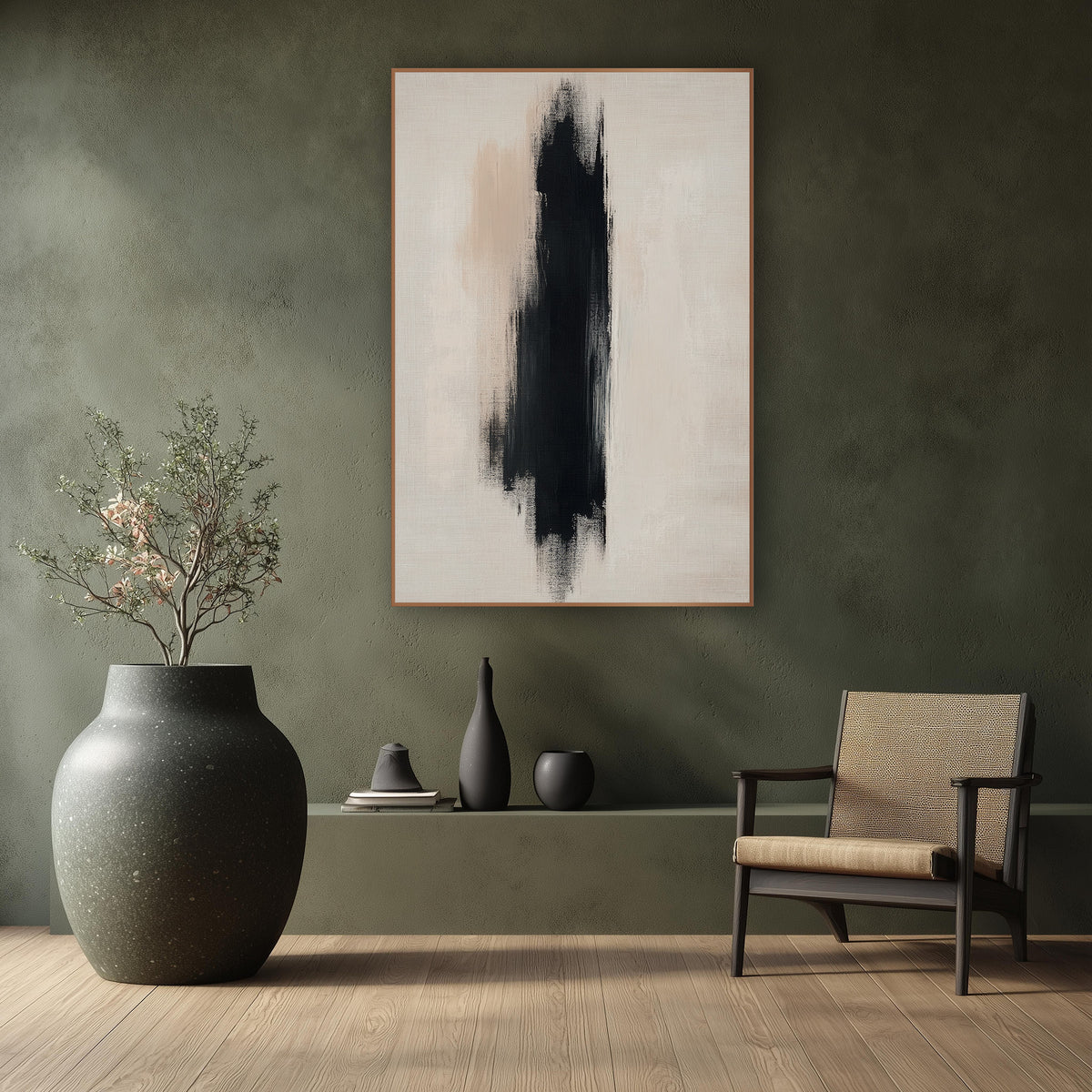 Tall Ebony Stroke Japandi Abstract wall art in a calm Japandi-style room – abstract artwork of one tall black