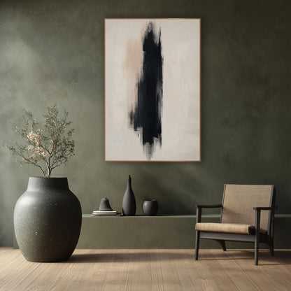 Tall Ebony Stroke Japandi Abstract wall art in a calm Japandi-style room – abstract artwork of one tall black