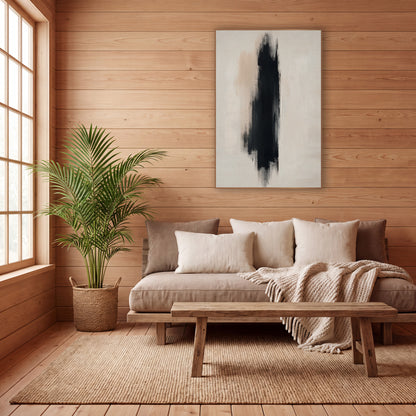 Tall Ebony Stroke Japandi Abstract wall art in a calm Japandi-style room – abstract artwork of one tall black