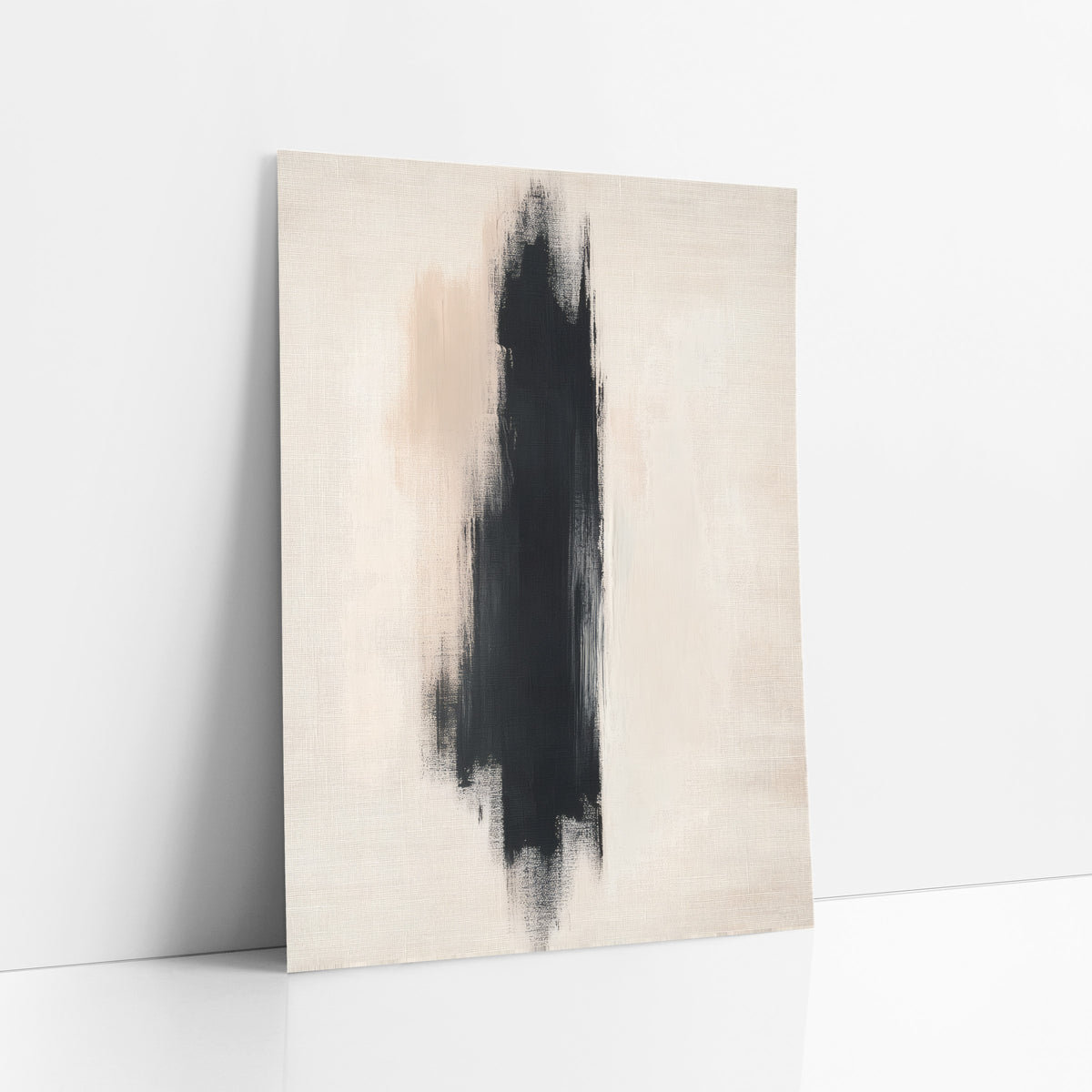 Tall Ebony Stroke Japandi Abstract art print leaning against a white wall – abstract artwork of one tall black brushstroke
