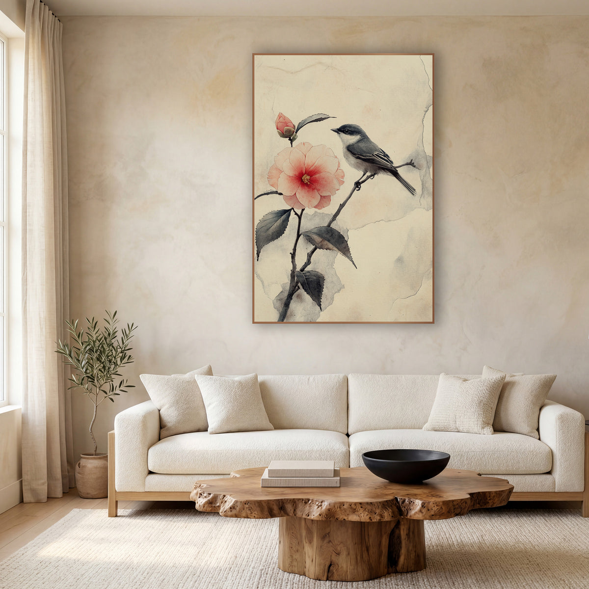 Small Bird Camellia Branch Japandi wall art in a calm Japandi-style room – small gray bird on a dark twig
