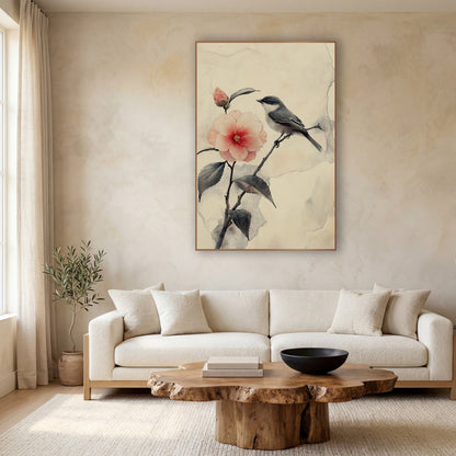 Small Bird Camellia Branch Japandi wall art in a calm Japandi-style room – small gray bird on a dark twig