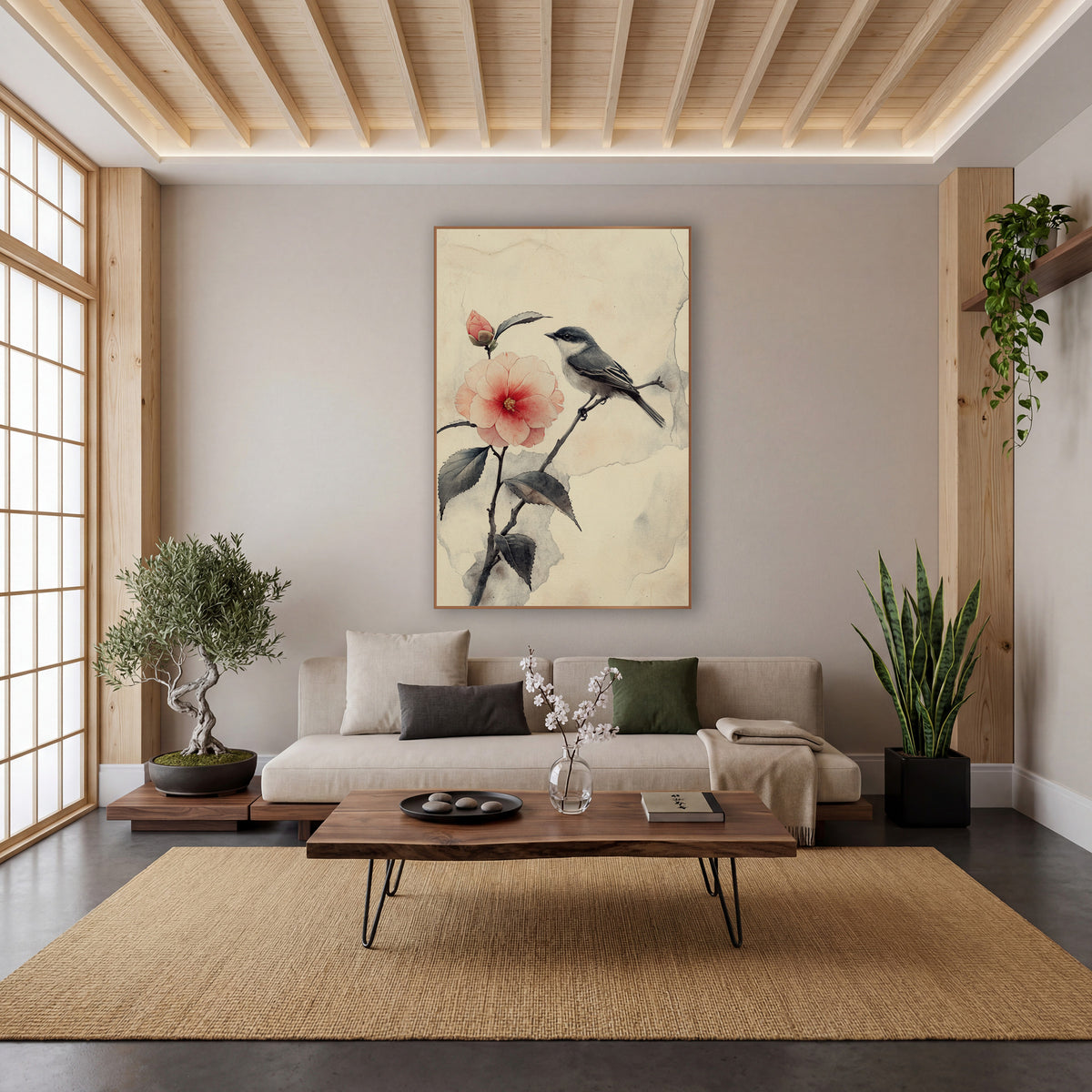 Small Bird Camellia Branch Japandi wall art in a calm Japandi-style room – small gray bird on a dark twig
