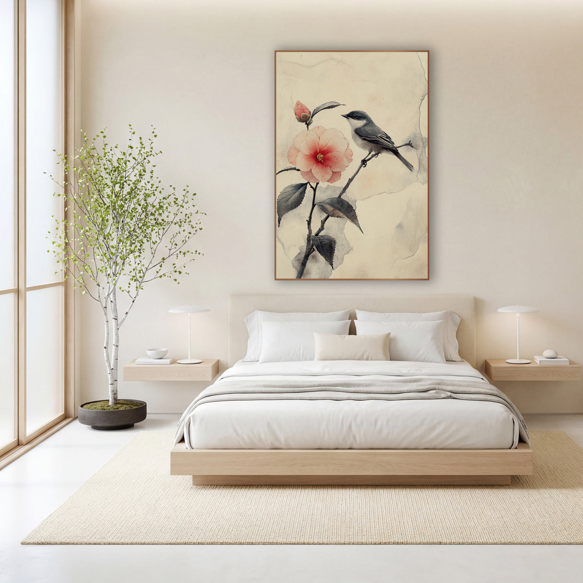 Small Bird Camellia Branch Japandi wall art in a calm Japandi-style room – small gray bird on a dark twig
