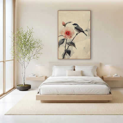 Small Bird Camellia Branch Japandi wall art in a calm Japandi-style room – small gray bird on a dark twig