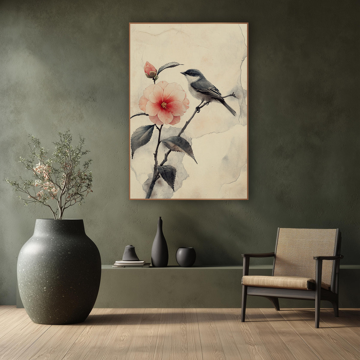 Small Bird Camellia Branch Japandi wall art in a calm Japandi-style room – small gray bird on a dark twig