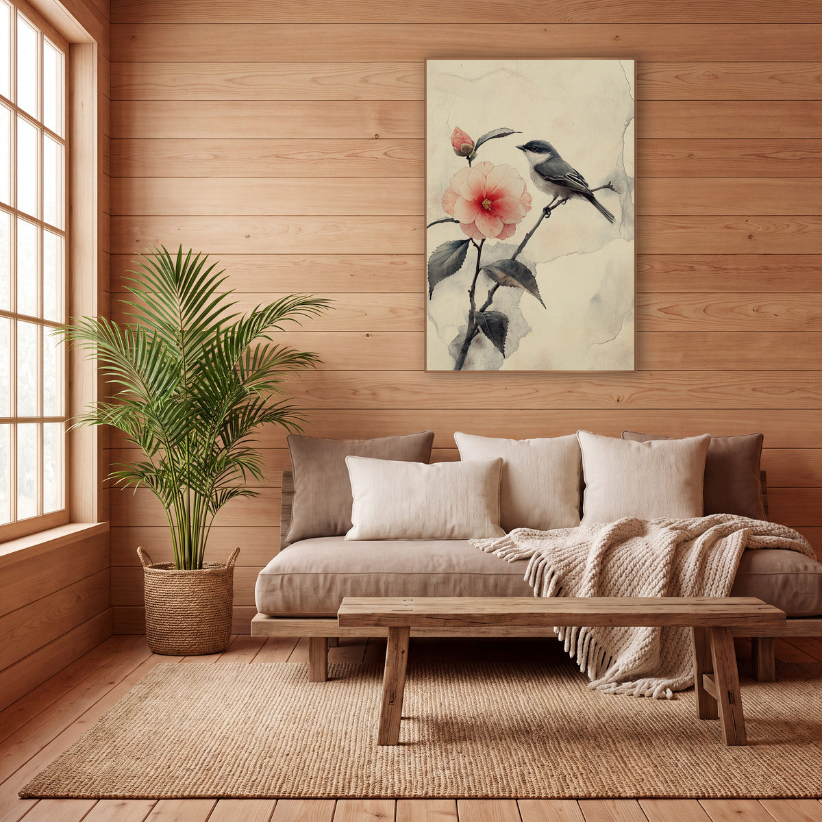 Small Bird Camellia Branch Japandi wall art in a calm Japandi-style room – small gray bird on a dark twig