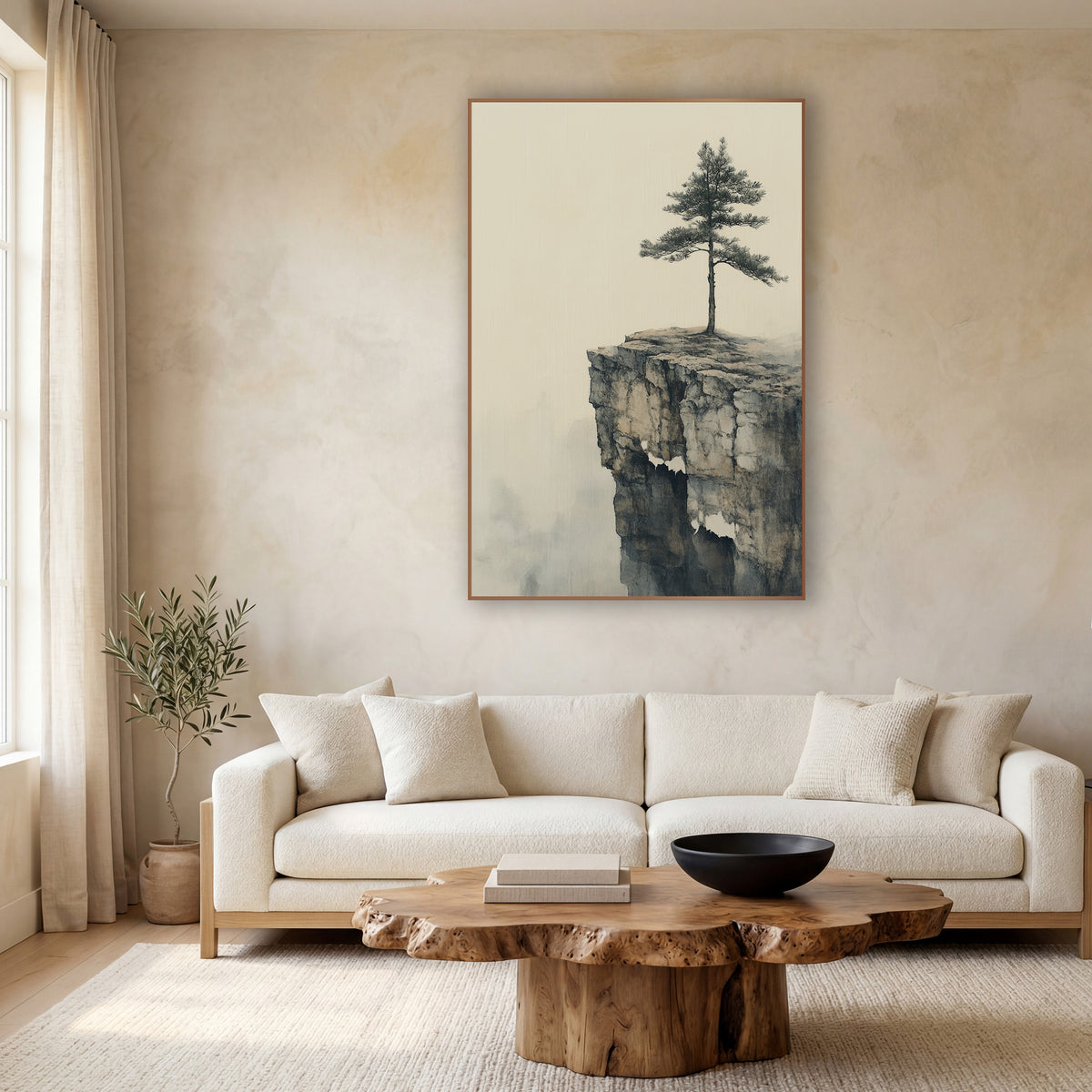 Solitary Pine Cliff Japandi Landscape wall art in a calm Japandi-style room – lone pine tree on a cracked rock cliff