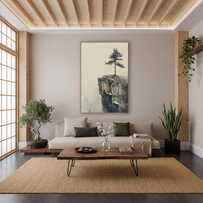 Solitary Pine Cliff Japandi Landscape wall art in a calm Japandi-style room – lone pine tree on a cracked rock cliff