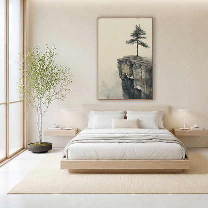 Solitary Pine Cliff Japandi Landscape wall art in a calm Japandi-style room – lone pine tree on a cracked rock cliff