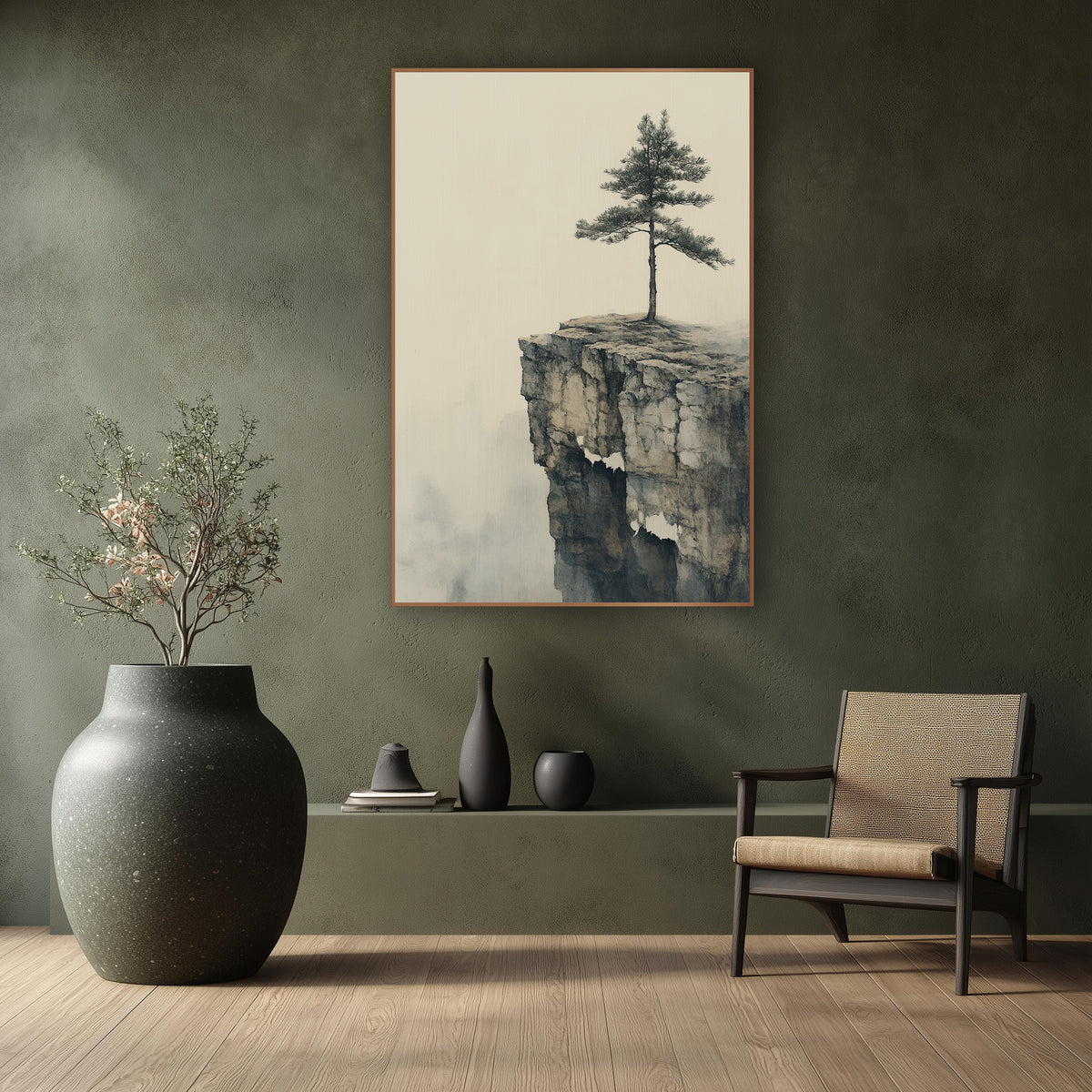 Solitary Pine Cliff Japandi Landscape wall art in a calm Japandi-style room – lone pine tree on a cracked rock cliff