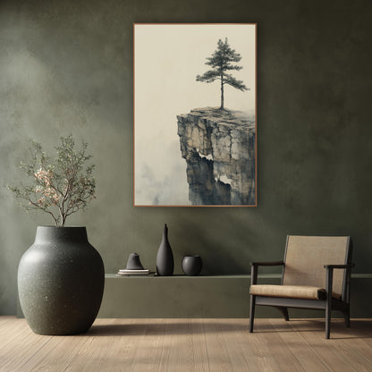 Solitary Pine Cliff Japandi Landscape wall art in a calm Japandi-style room – lone pine tree on a cracked rock cliff